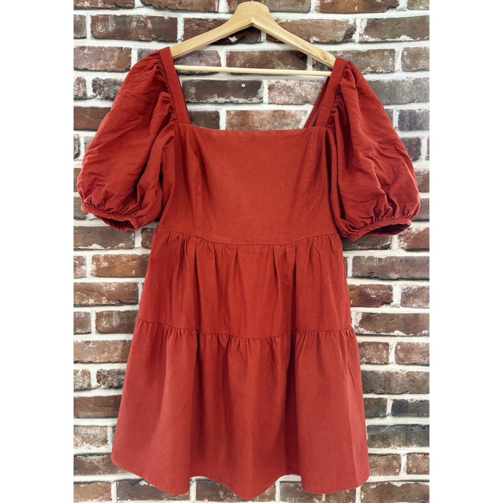 House of Harlow 1960 Tiered Puff Sleeve Mini Dress in Rust, Size Medium